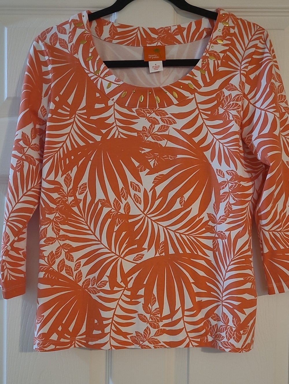 hearts of palm Orange and White Tropical Scoop Neck Top with Gold Studs